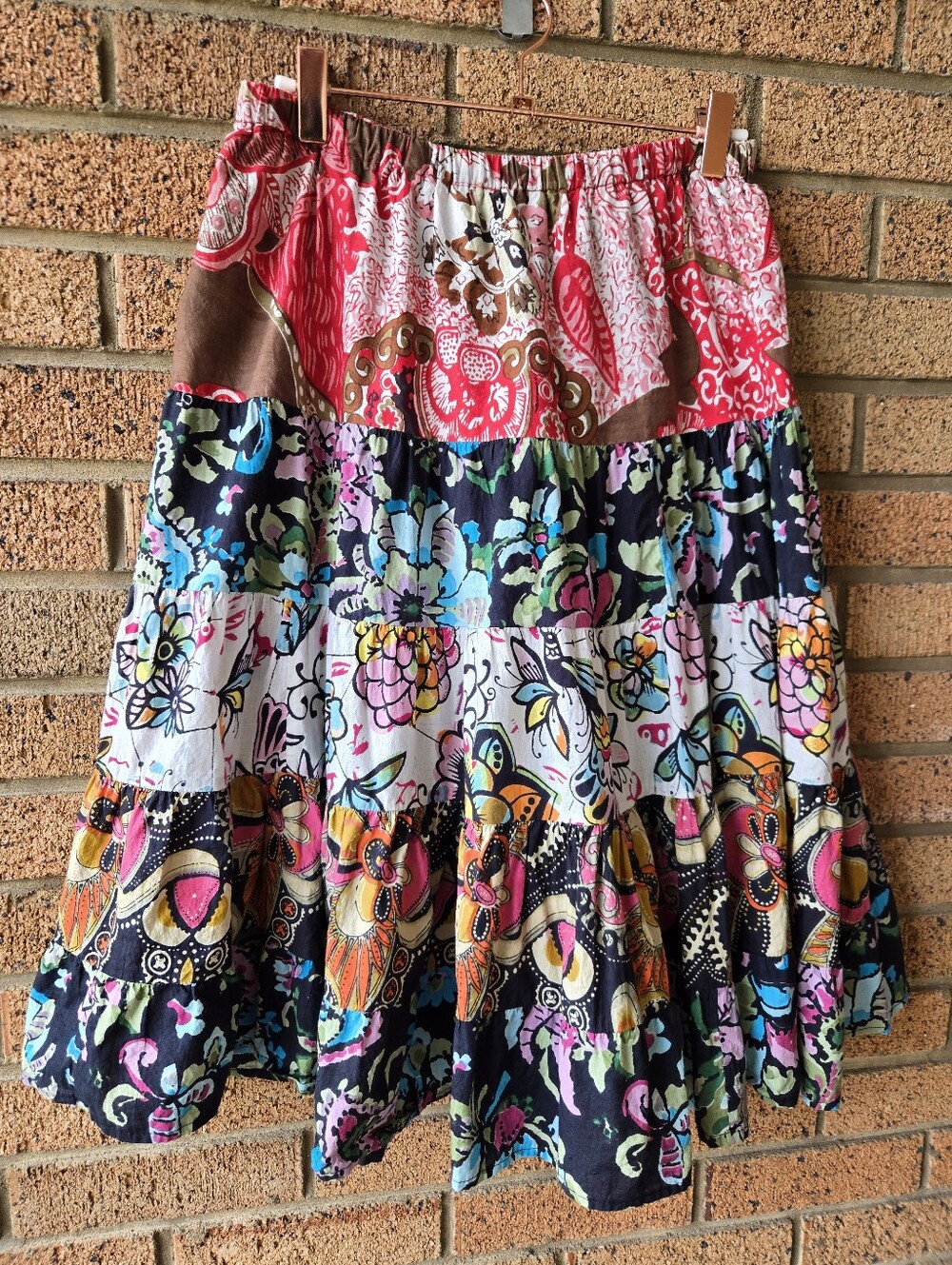 ​Kommotion NY Boho Patchwork Tiered Floral Cotton Midi Skirt Size S